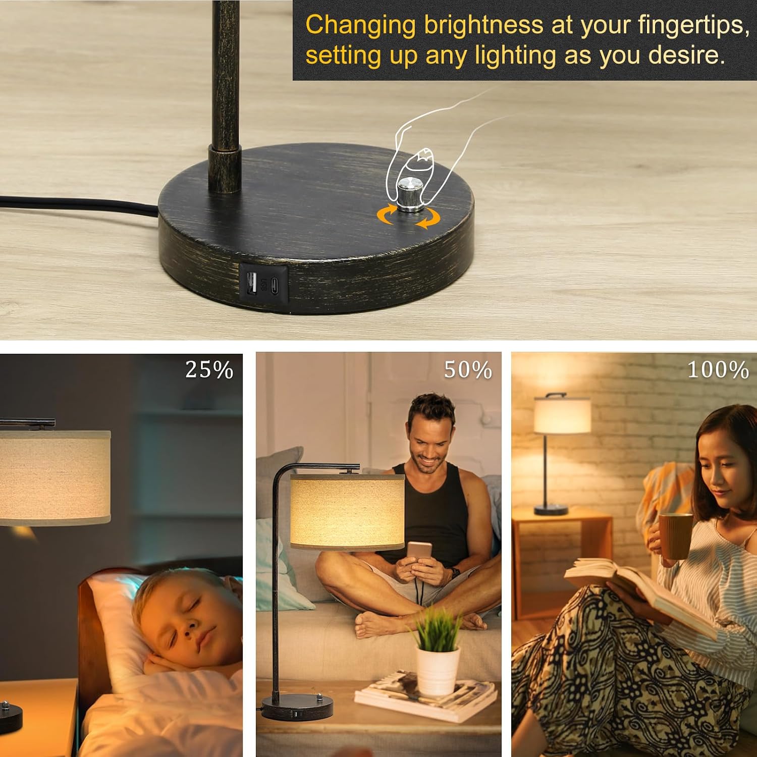 Seaside village Bedside Table Lamp with USB C+A Charging Ports, Fully Dimmable Industrial Tall Nightstand Reading Desk Lamp for Bedroom…
