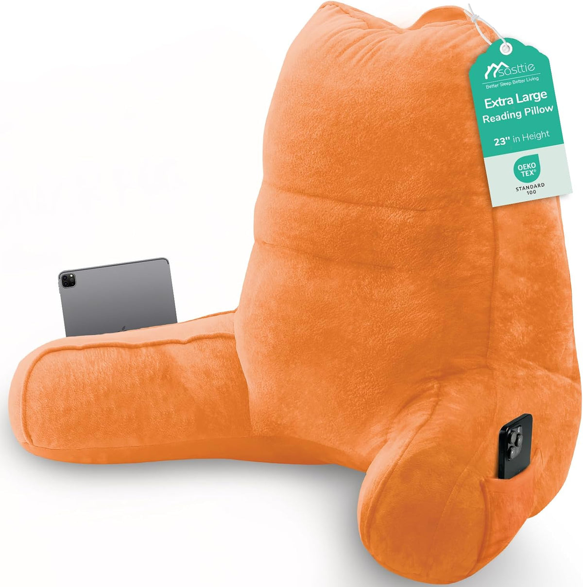 Sasttie Reading Pillow for Bed - 23 Inch, Back Pillow for Bed Sitting Up, Back-Rest Support Cushion with Side Pockets and Arms, Dorm Essent…