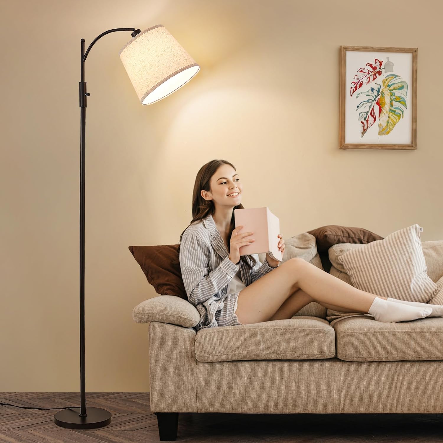 AIDENOEY Fully Dimmable Floor Lamp for Living Room, Standing Lamp Rotary Switch with Linen Beige Shade, Black Tall Lamps for Bedroom with…