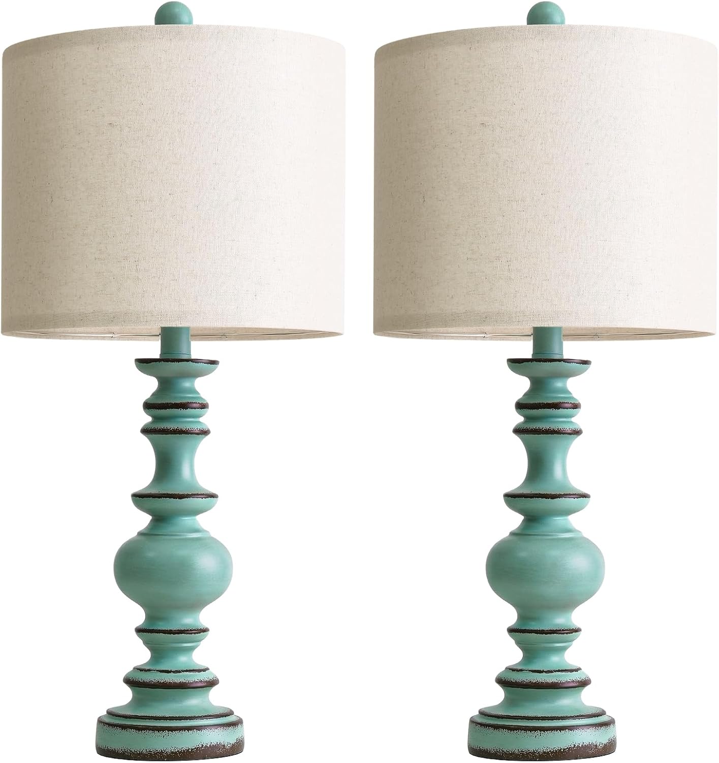 BOBOMOMO 24" Farmhouse Table Lamps Set of 2 – Distressed Teal Lamps with Linen Shades, Cottage Style Bedside Lamps for Bedroom, Living…