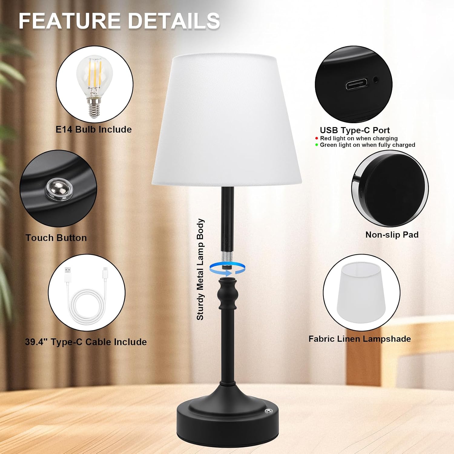 Swinerton Cordless Lamp Rechargeable LED Table Lamp, 5000mAh Battery Operated, 3 Level Brightness, Portable Night Bedside Lamp, Ambient…
