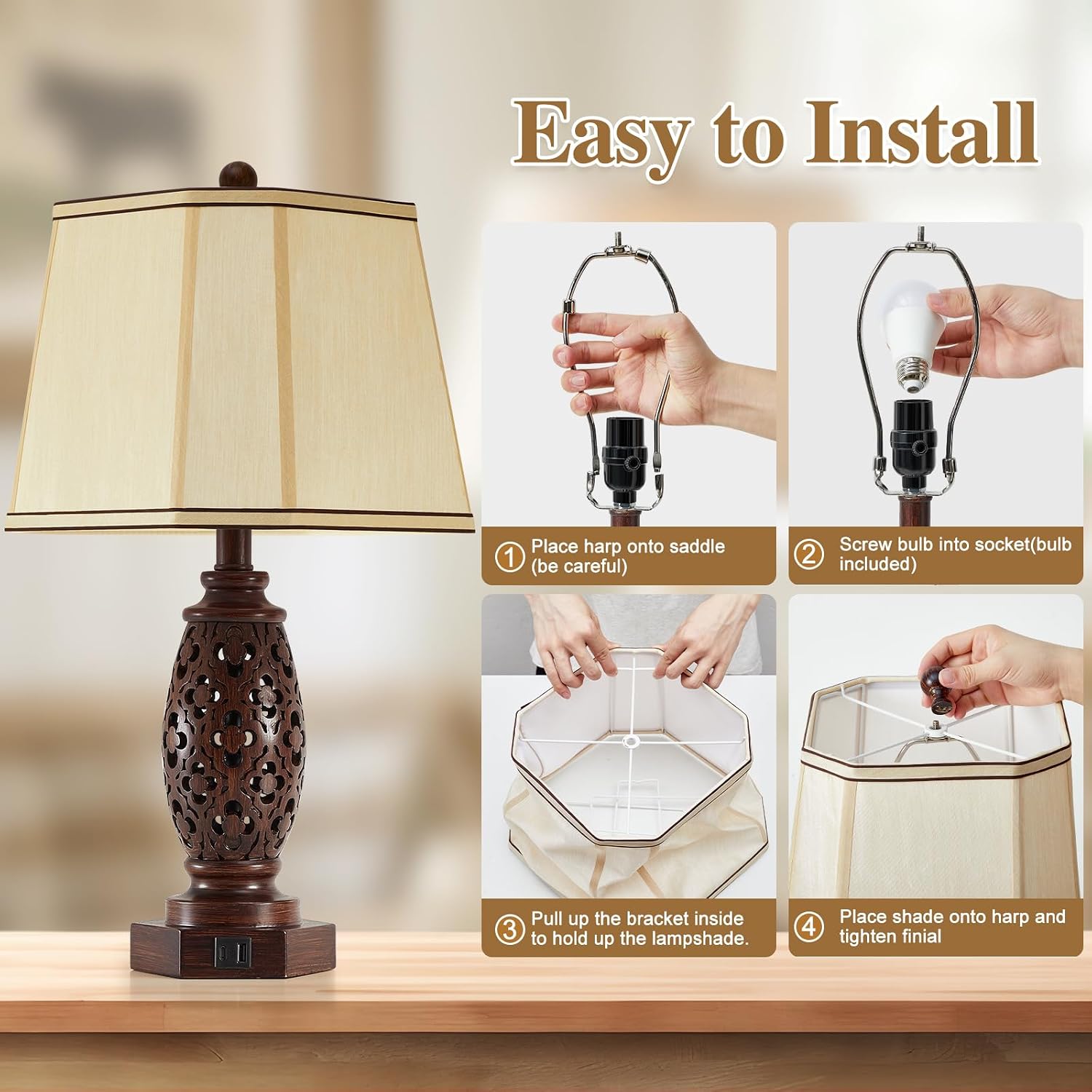EJIAXIN Bedside Lamps Set of 2-23.5" Vintage Table Lamp with USB A+C and Nightlight - Brown Carved Resin Farmhouse Desk Lamp for…