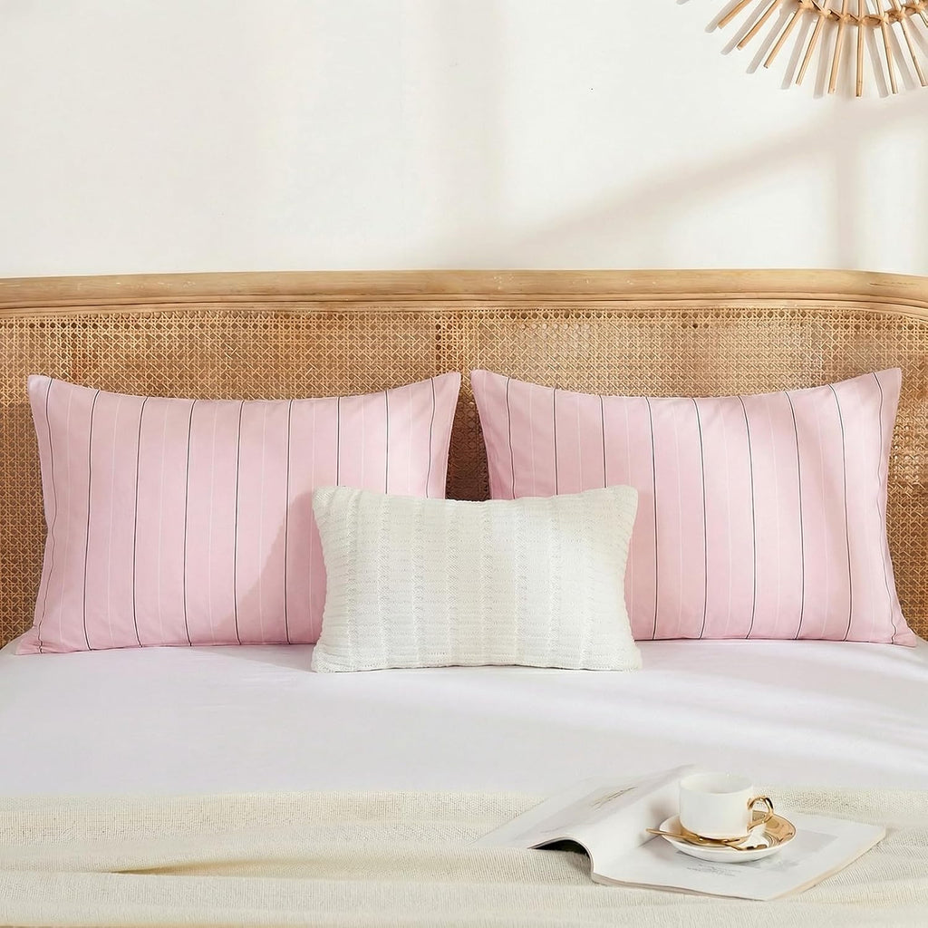 Merryword Pink Striped Pillowcases, 100% Cotton Pillow Cases, Queen Size Pillowcases, Luxury Linen Like Pillowcase, Soft Breathable Pinstri…