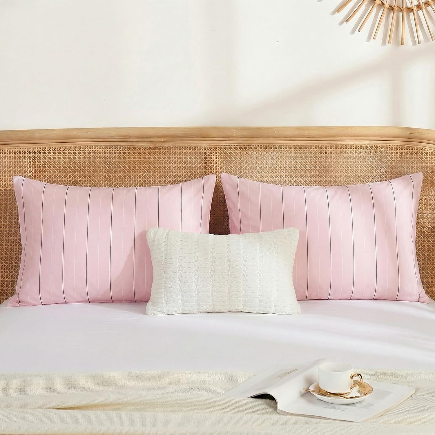 Merryword Pink Striped Pillowcases, 100% Cotton Pillow Cases, Queen Size Pillowcases, Luxury Linen Like Pillowcase, Soft Breathable Pinstri…