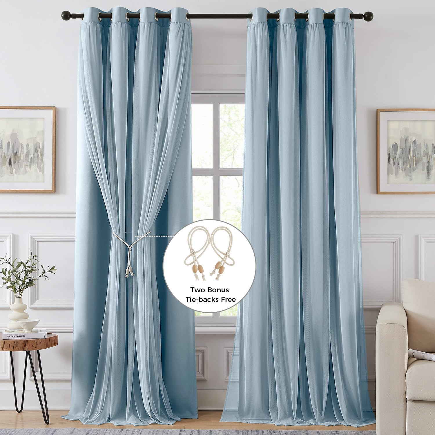 Swandream Blackout Curtains for Bedroom, Double Layer Blue Curtains, Black Out Curtain 72 inch Long with Sheer Overlay for Living Room, Roo…