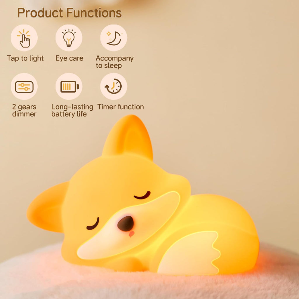 Led Cute Fox Night Light, 2 Levels Dimmable Timer Nursery Nightlight for Kids, Rechargeable Touch Bedside Lamp, Used for Camping Party…