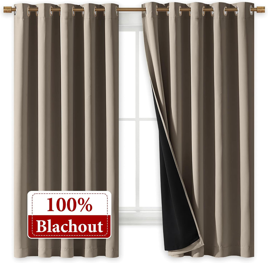 Nicetown 100% Blackout Curtains with Black Liners, Thermal Insulated Full Blackout 2-Layer Lined Drapes, Energy Efficiency Window Draperies…