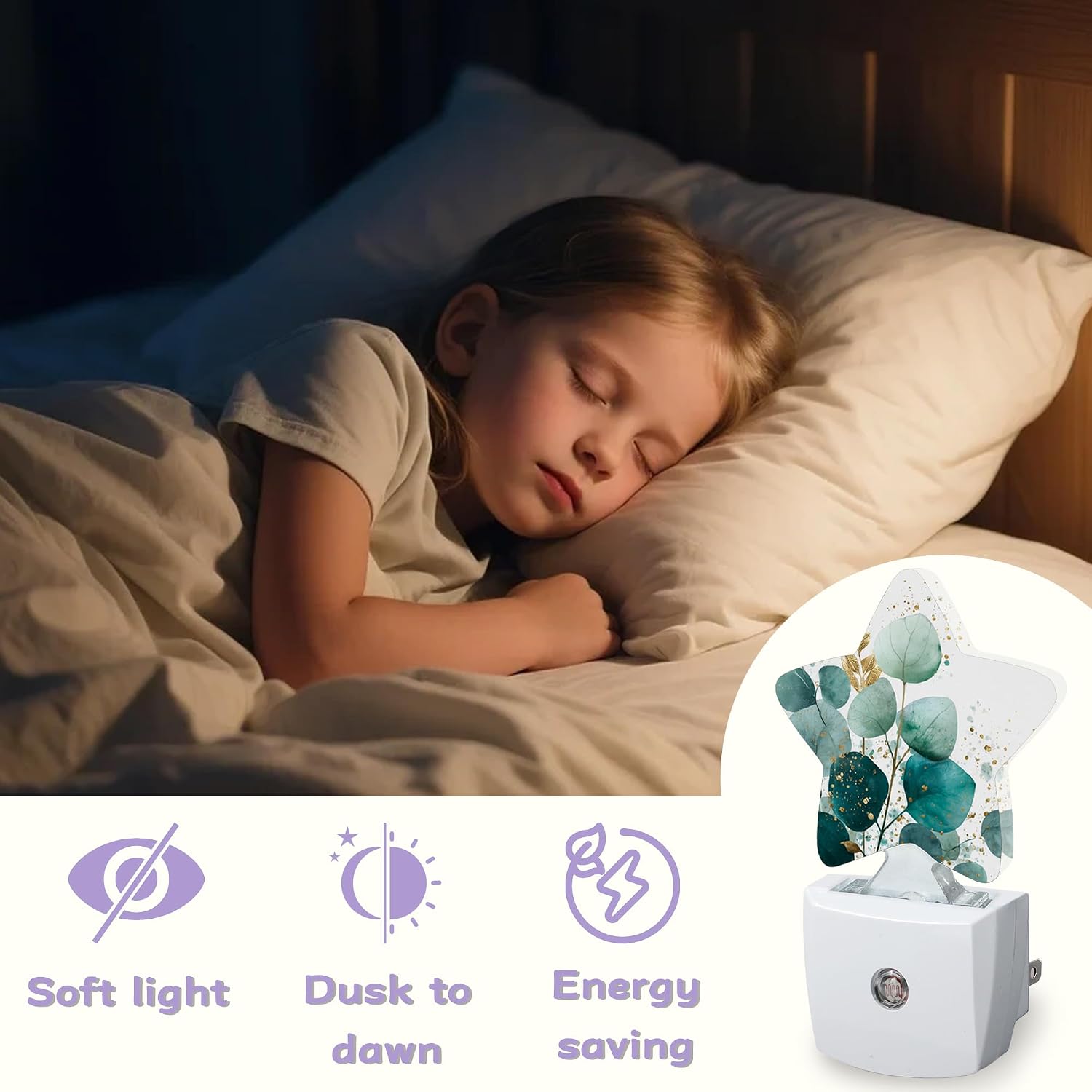 Eucalyptus Gree Night Lights Plug Into Wall Decorative, Gold Foil Nightlight with Dusk Sensor for Bathroom, Kitchen, Entryway, Room Accent, Gifts