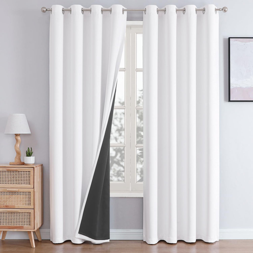 ChrisDowa White 100% Blackout Curtains for Bedroom with Black Liner, 2 Thick Layers Total Blackout Thermal Insulated Grommet Window Curtain…