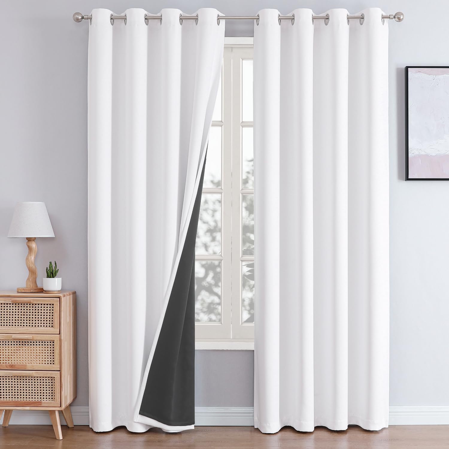 ChrisDowa White 100% Blackout Curtains for Bedroom with Black Liner, 2 Thick Layers Total Blackout Thermal Insulated Grommet Window Curtain…