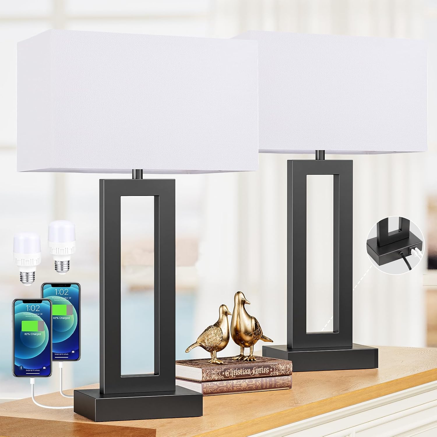 Seealle 22" Tall Living Room Lamps for Night Stands - Touch Bedside Lamp with USB C+A, 3 Way Dimmable Bedroom Lamps for End Tables Set of…