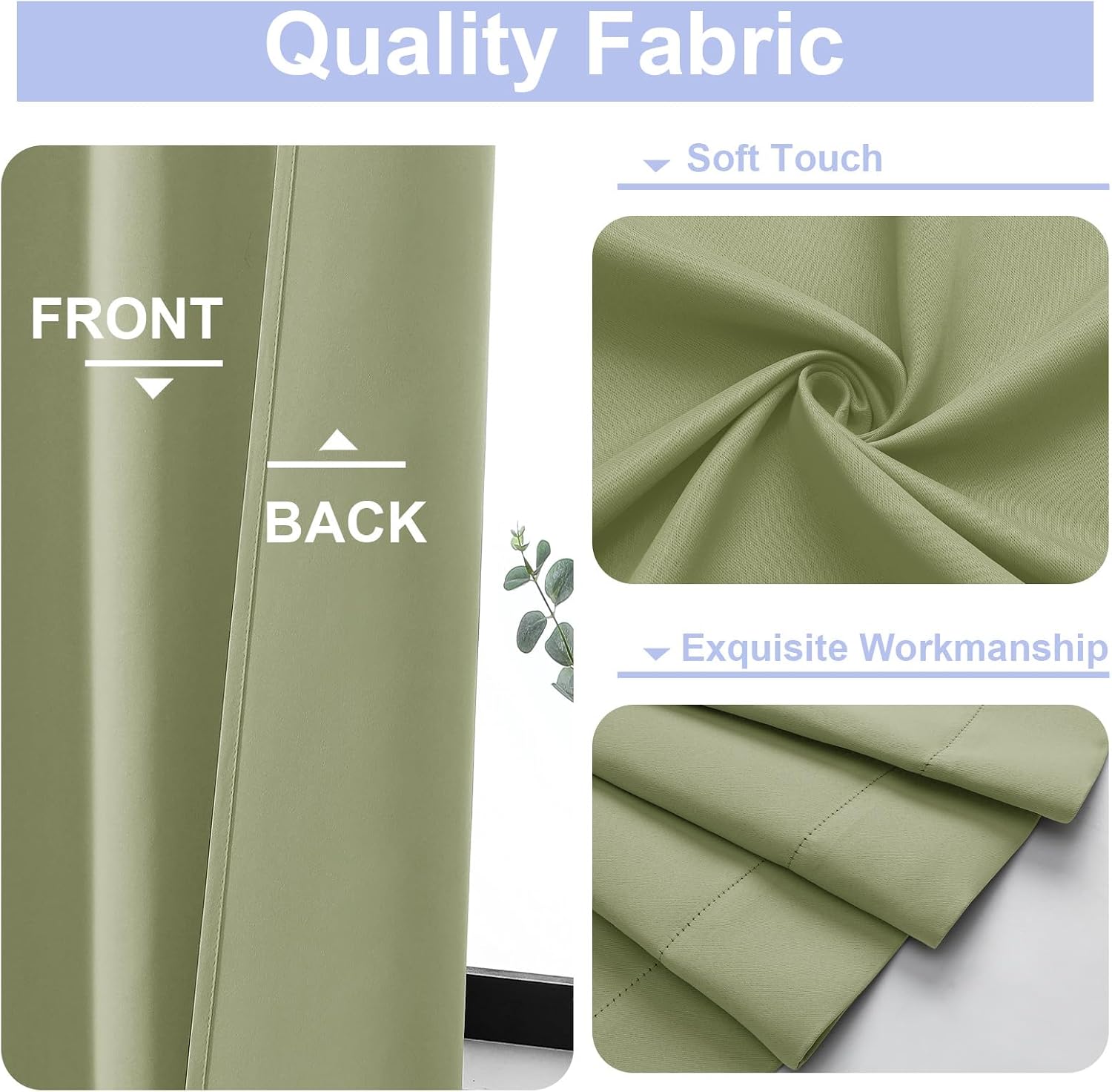 Simplebrand Ava Sage Green Blackout Curtains for Bedroom 63 Inch Length 2 Panels Set, Solid Thermal Insulated Privacy Living Room Window Tr…