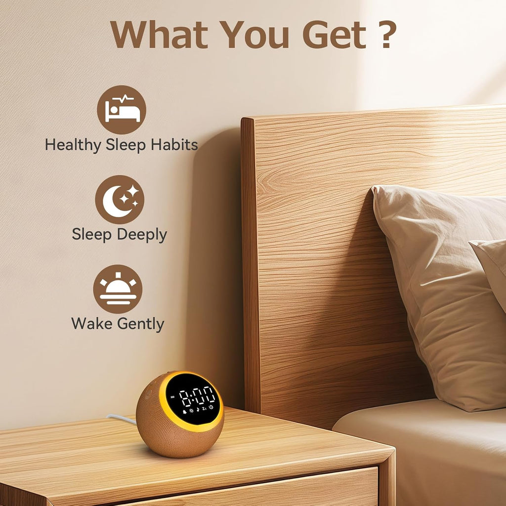 Alarm Clocks with Soft Sounds Machine: 30 Soothing Sounds, 10 Soft Wake-Up Sounds, 32 Adjustable Volume & Timer, Memory Function (Brown)