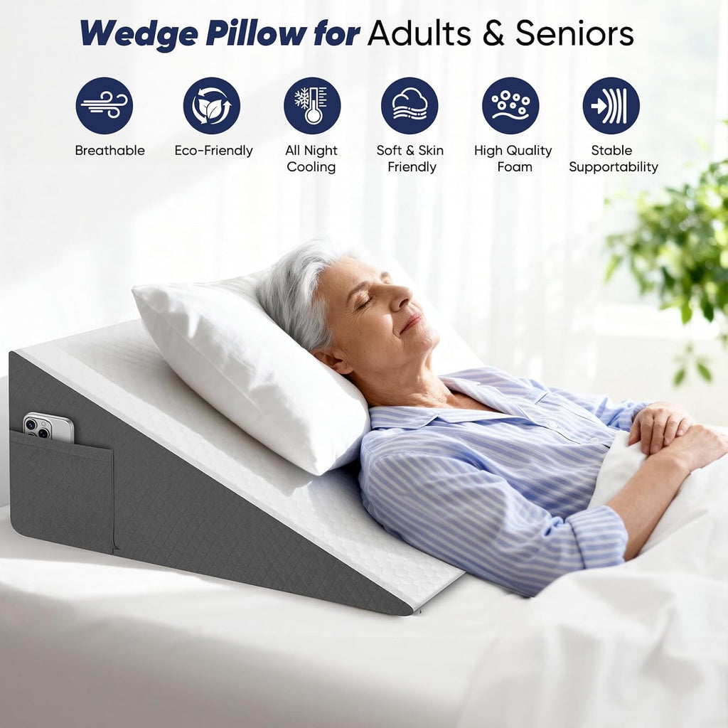 Bed Wedge Pillow for Sleeping, Reading & Resting, 10 inch Cooling Memory Foam Incline Pillow Wedge for Adults Seniors, Ideal for Couch…