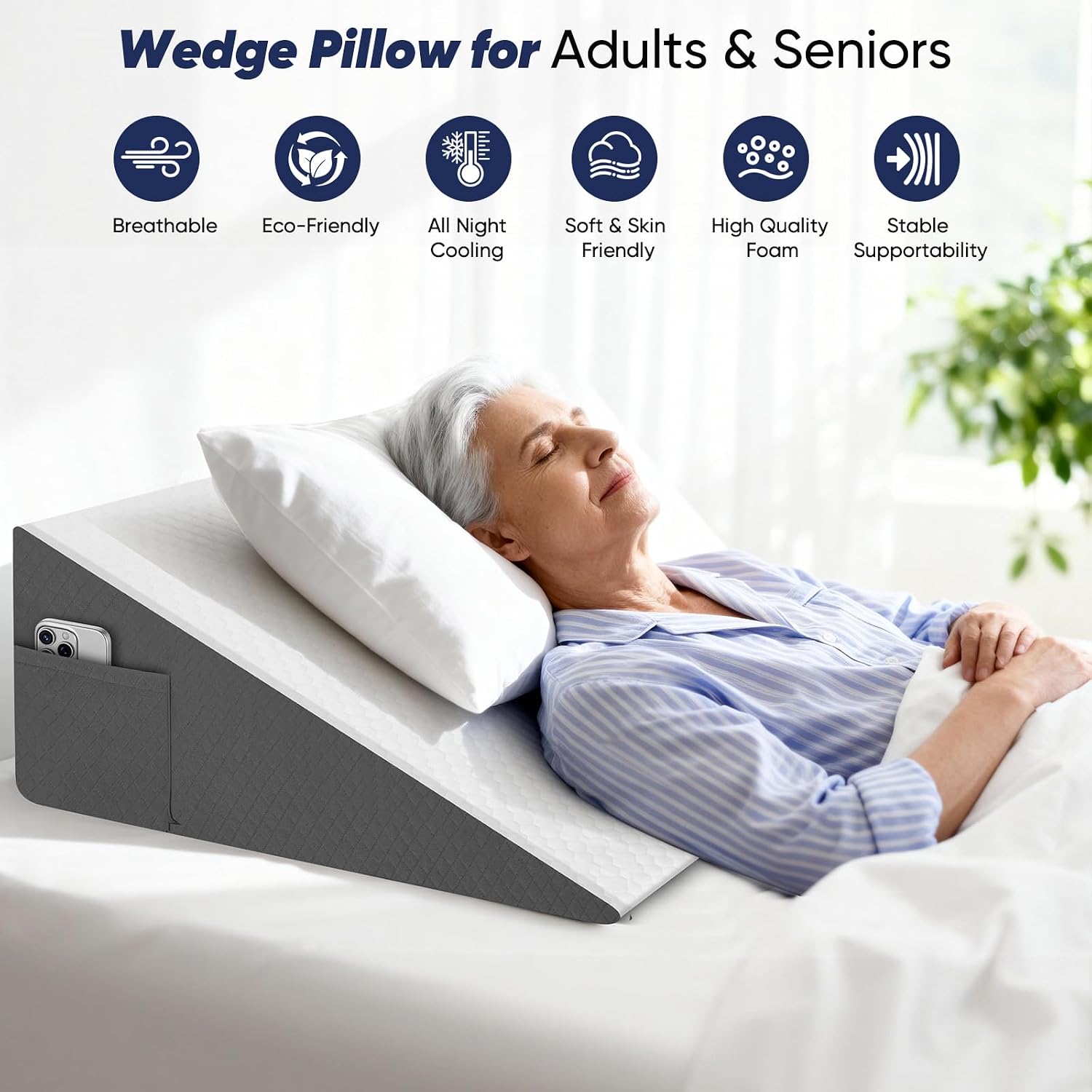 Bed Wedge Pillow for Sleeping, Reading & Resting, 10 inch Cooling Memory Foam Incline Pillow Wedge for Adults Seniors, Ideal for Couch…