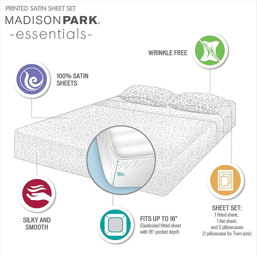 Madisonpark Madison Park Essentials Satin Sheet Set Luxury and Silky with Natural Sheen, Elastic 14" Pocket fits up to 16" Mattress, All Ar…