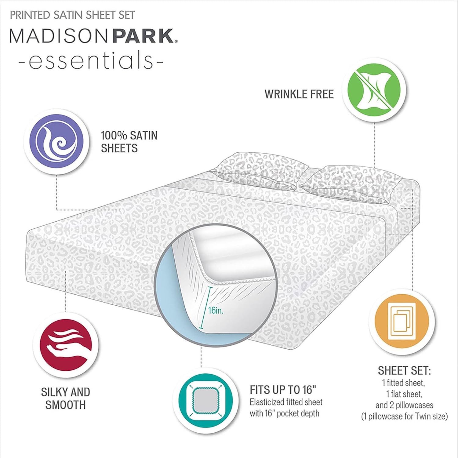 Madisonpark Madison Park Essentials Satin Sheet Set Luxury and Silky with Natural Sheen, Elastic 14" Pocket fits up to 16" Mattress, All Ar…