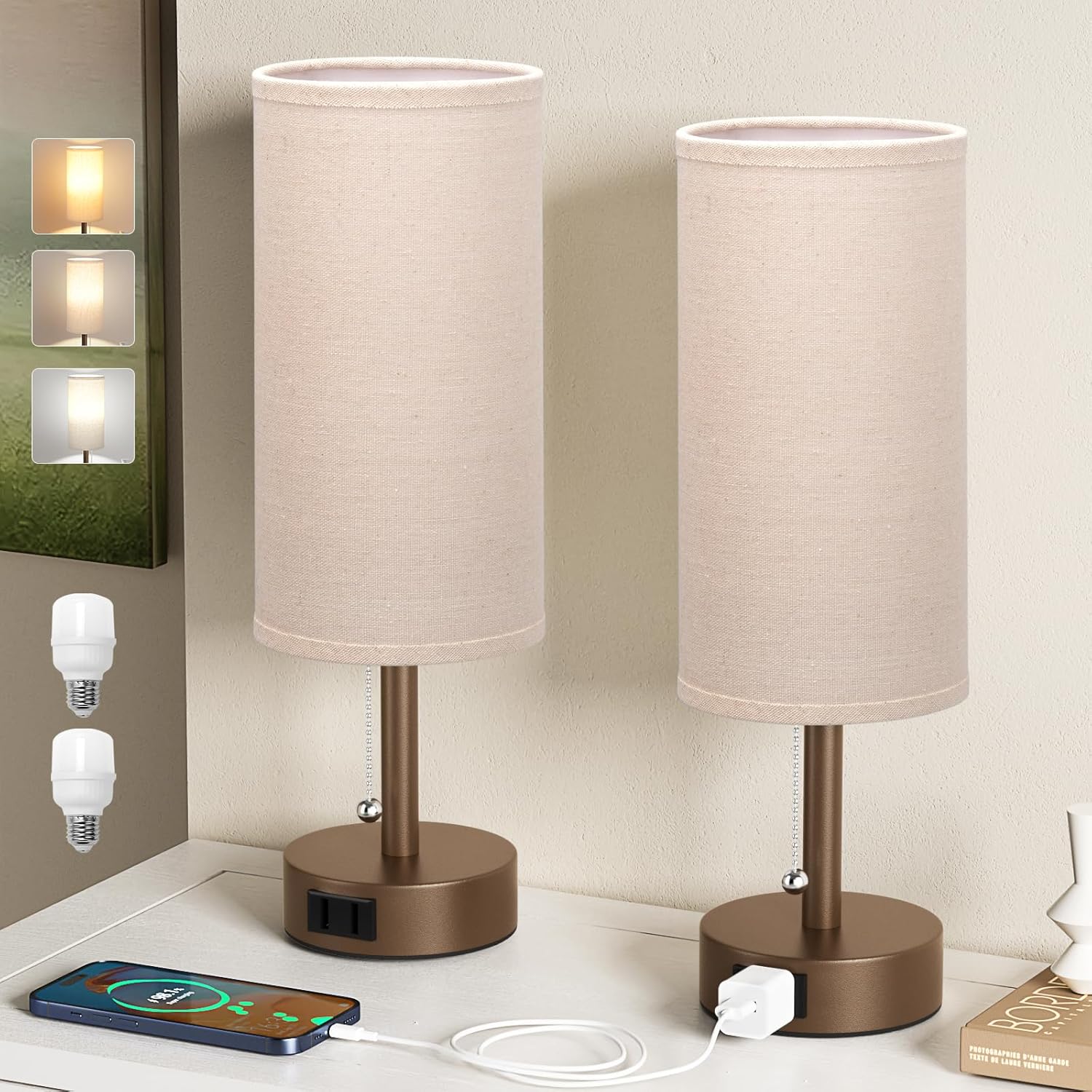 Fenmzee Brown Bedside Table Lamps Set of 2-3 Color Temperatures Pull Chain Lamp with AC Outlet Charging Port, Small Round Night Stand…
