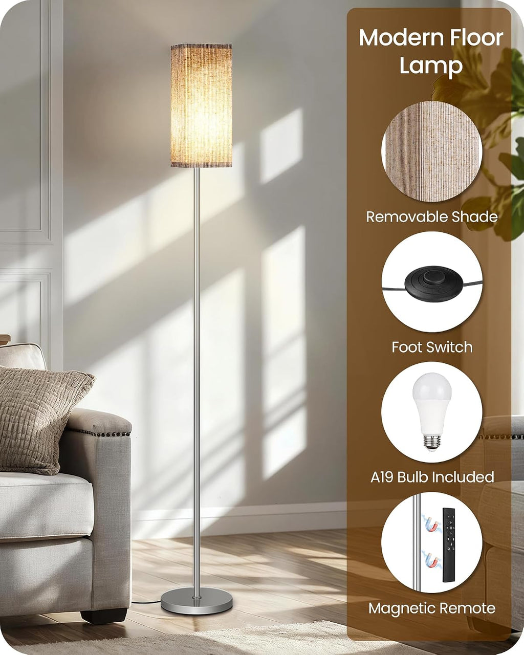 64.2'' Dimmable Floor Lamp for Living Room with Remote and Foot Switch, Corner Floor Lamp for Bedroom, Includes 10W A19 Bulb, Modern…