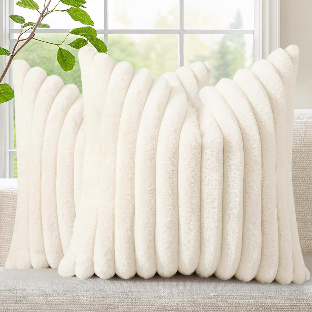 decorUhome Summer Cozy Faux Fur Throw Pillow Covers 12x12 Set of 2 Decorative Soft Plush Striped Modern Farmhouse Boho Couch Pillow Cases w…