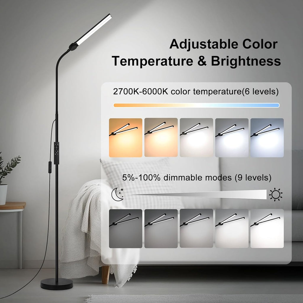 LED Floor Lamp with Remote Control, Bright 18W Floor Lamps for Living Room with Double Head, Adjustable Gooseneck Standing Lamp, Eye…