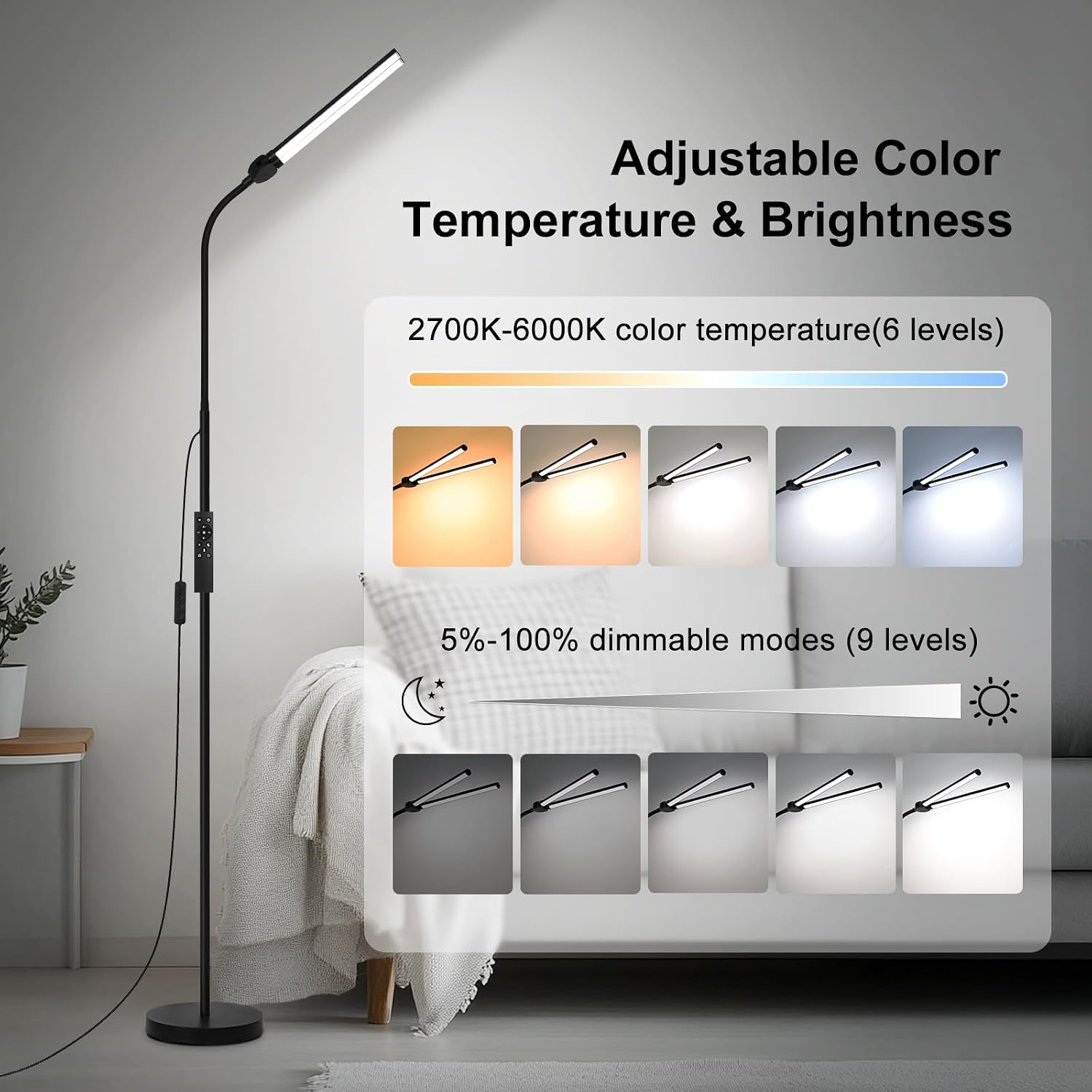 LED Floor Lamp with Remote Control, Bright 18W Floor Lamps for Living Room with Double Head, Adjustable Gooseneck Standing Lamp, Eye…