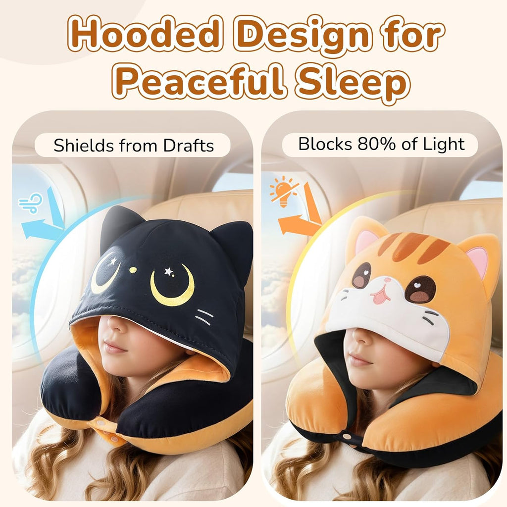 Mewaii Certified to ASTM & CPSIA Standards–Kids Travel Neck Pillow with Hood, Memory Foam Airplane Pillow, Double-Sided, Cute Design, Cooling…