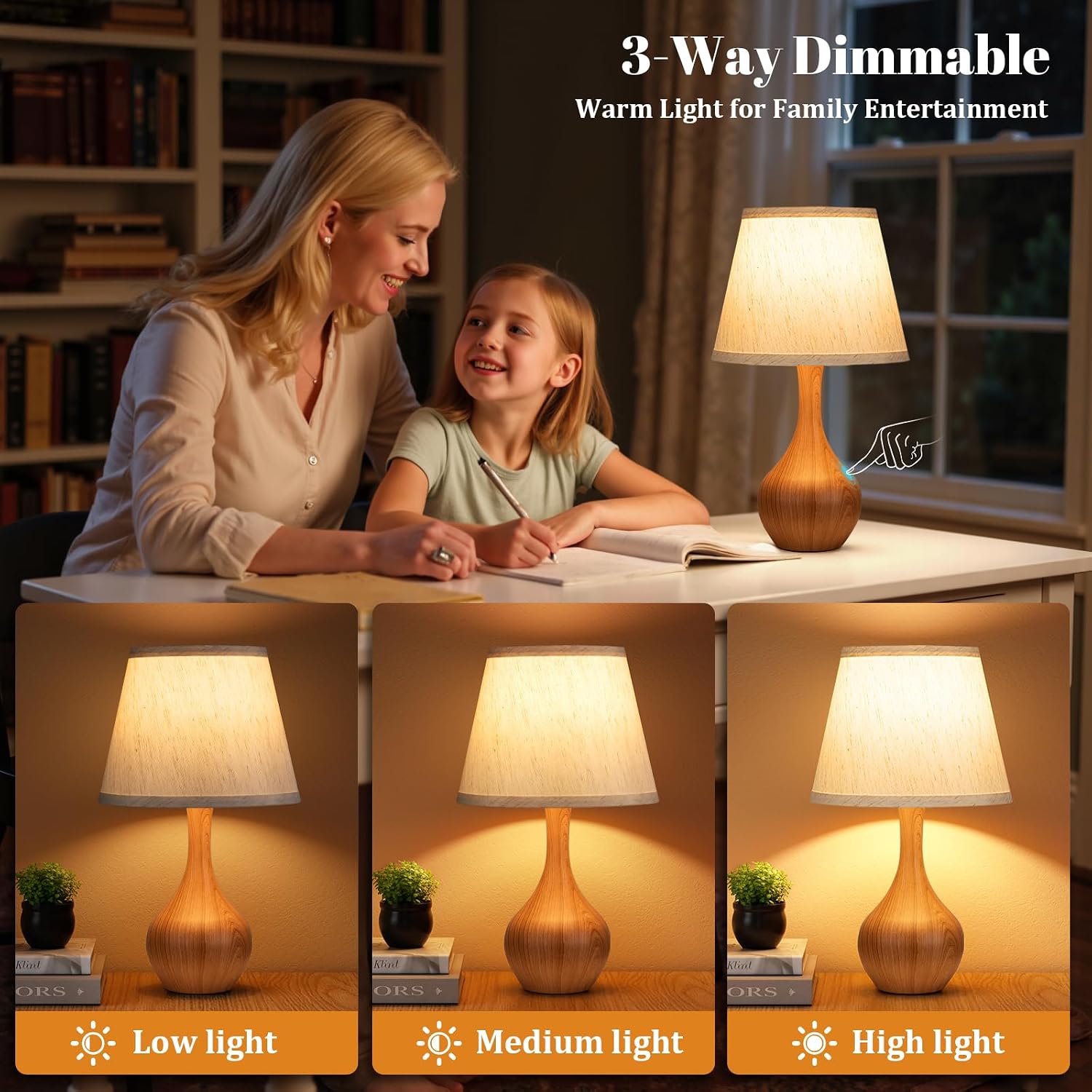 Seealle Touch Table Lamp for Bedroom, 3-Way Dimmable Small Bedside Lamps for Night Stands with Wires, Wood Desk Lamp for Kids Room…