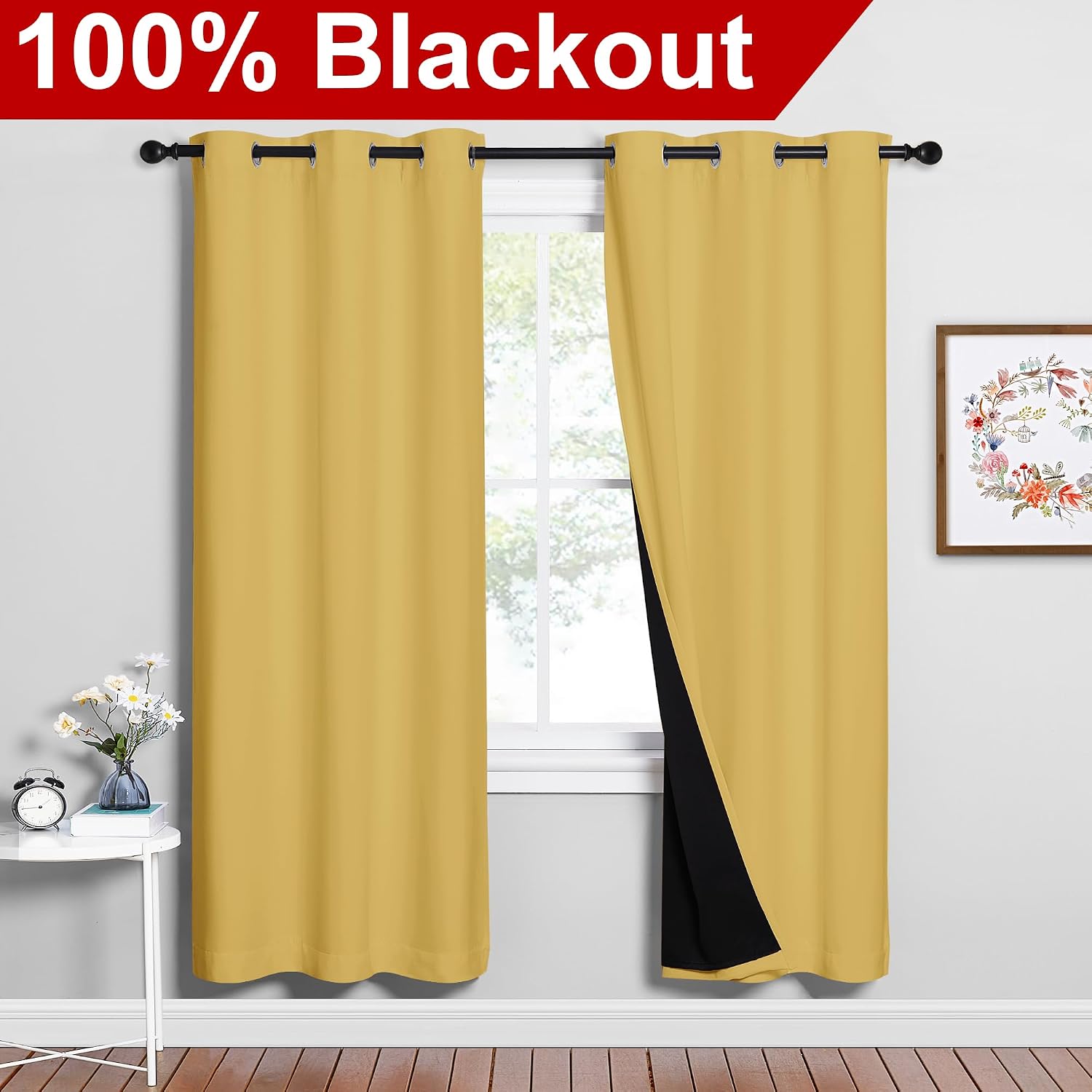Nicetown Bright Yellow Full Shade Curtain Panels, Pair of Energy Smart & Noise Blocking Out Blackout Drapes for Dining Room Window, Thermal…
