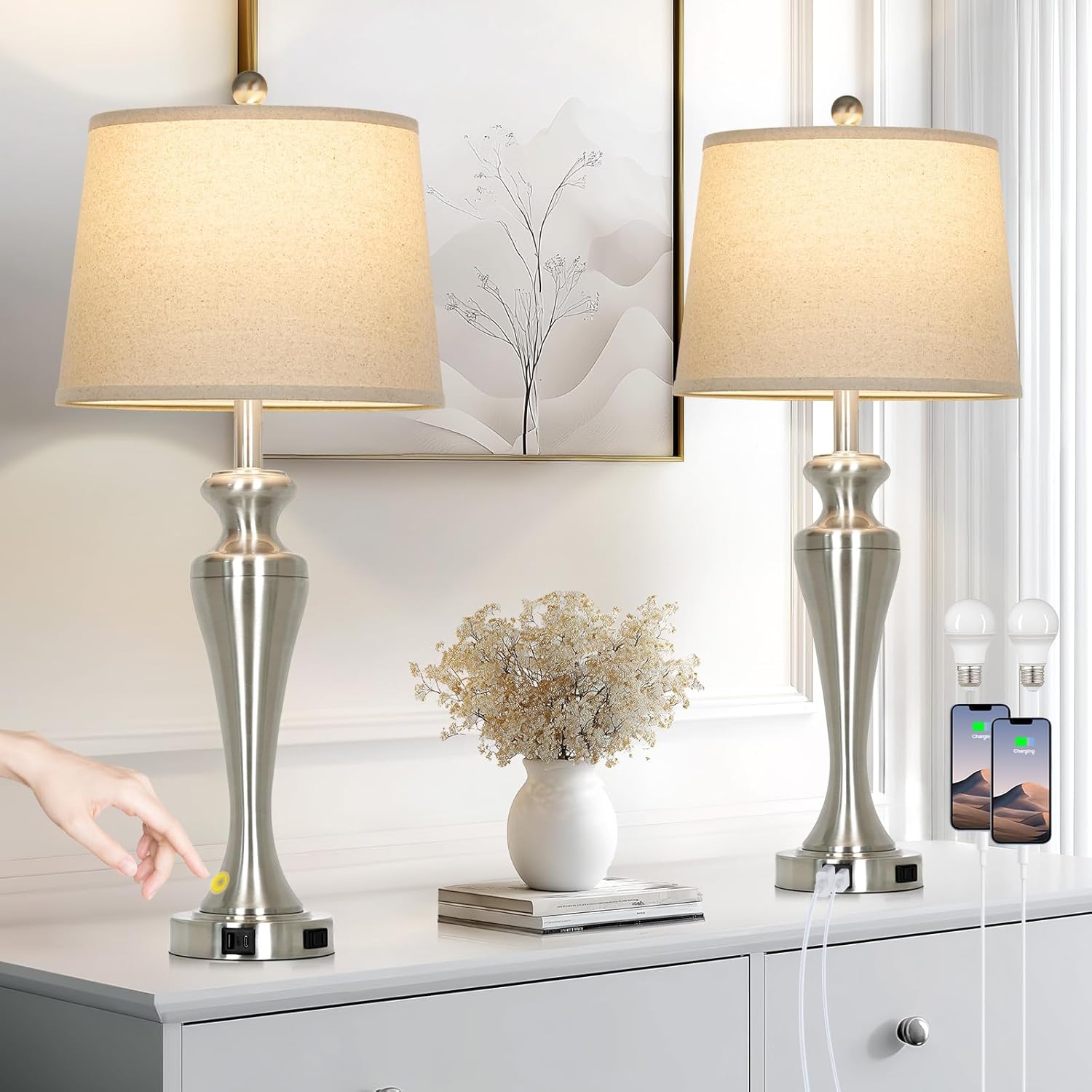 Ruzectt 30" Table Lamps Set of 2, 3-Way Dimmable Touch Bedside Lamp with USB A+C Ports and AC Outlet, Tall Living Room Lamps for Side…