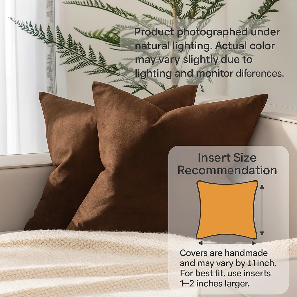 Juspurbethome JUSPURBET Brown Throw Pillow Covers Set of 2 Decorative 22x22 Velvet Pillow Covers for Couch Sofa Bed Soft Cushion Covers Cas…