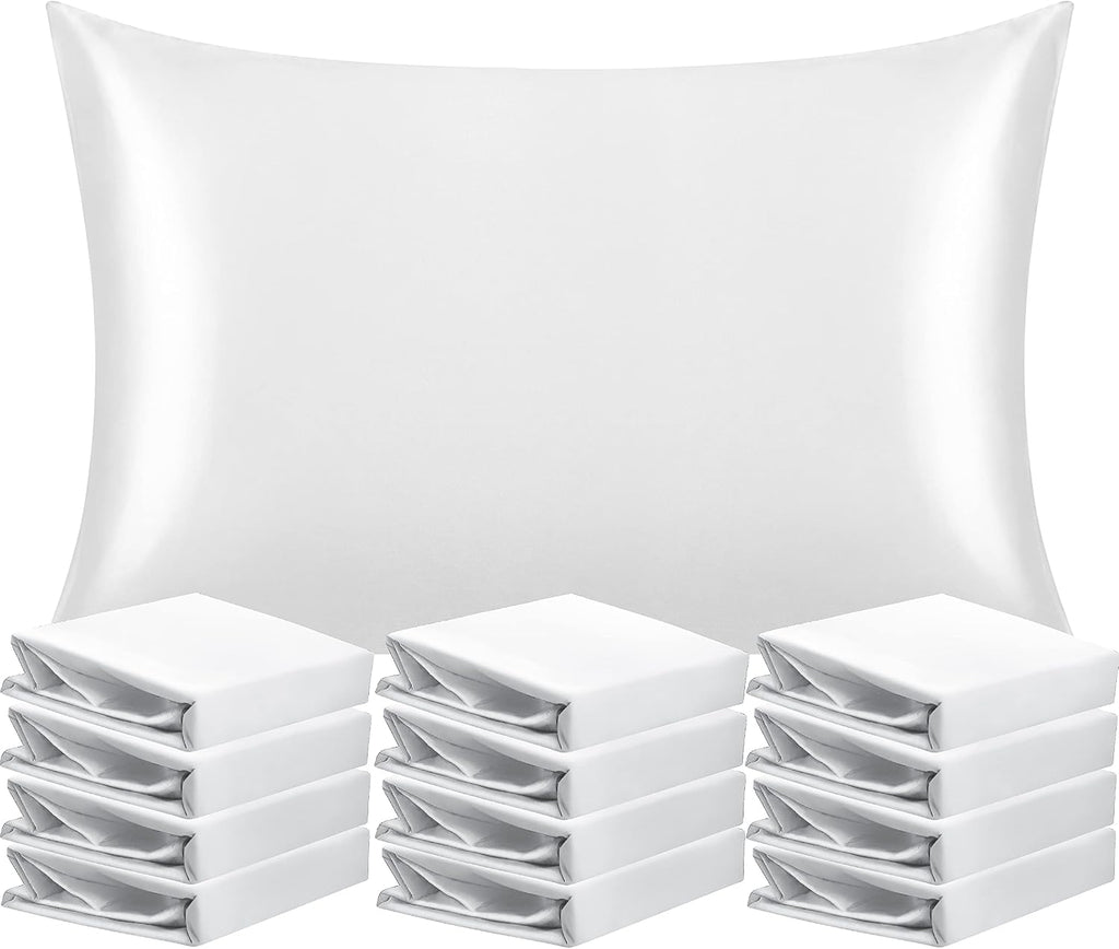 Ntbay 12 Pack Satin Queen Pillowcases for Hair and Skin, Luxurious and Silky Pillow Cases with Envelope Closure, 20 x 30 Inches, White 12 P…