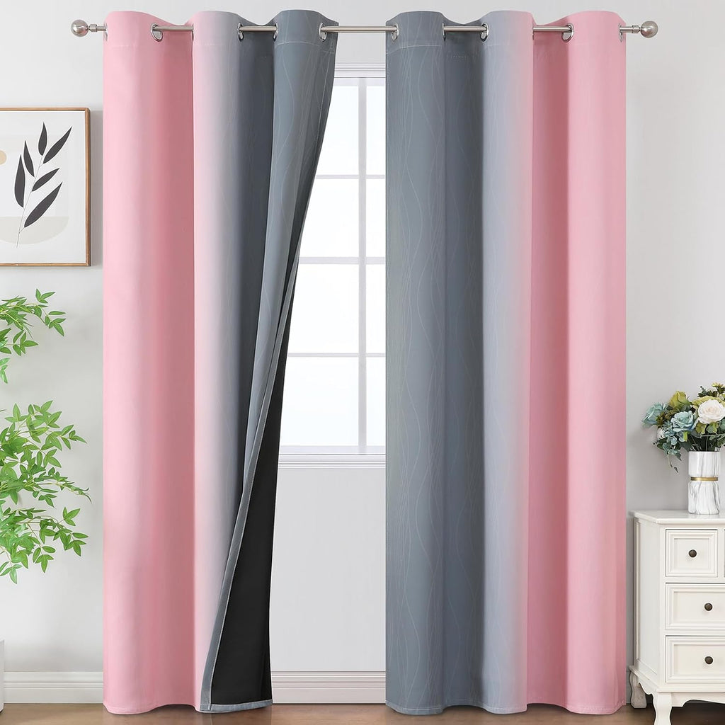 Estelartextiler Pink and Grey Blackout Curtains 84 inches Long, Ombre Full Room Darkening Window Curtains for Living Room, Grommet Thermal In…