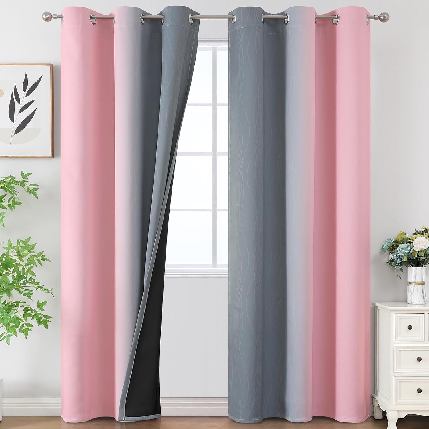 Estelartextiler Pink and Grey Blackout Curtains 84 inches Long, Ombre Full Room Darkening Window Curtains for Living Room, Grommet Thermal In…