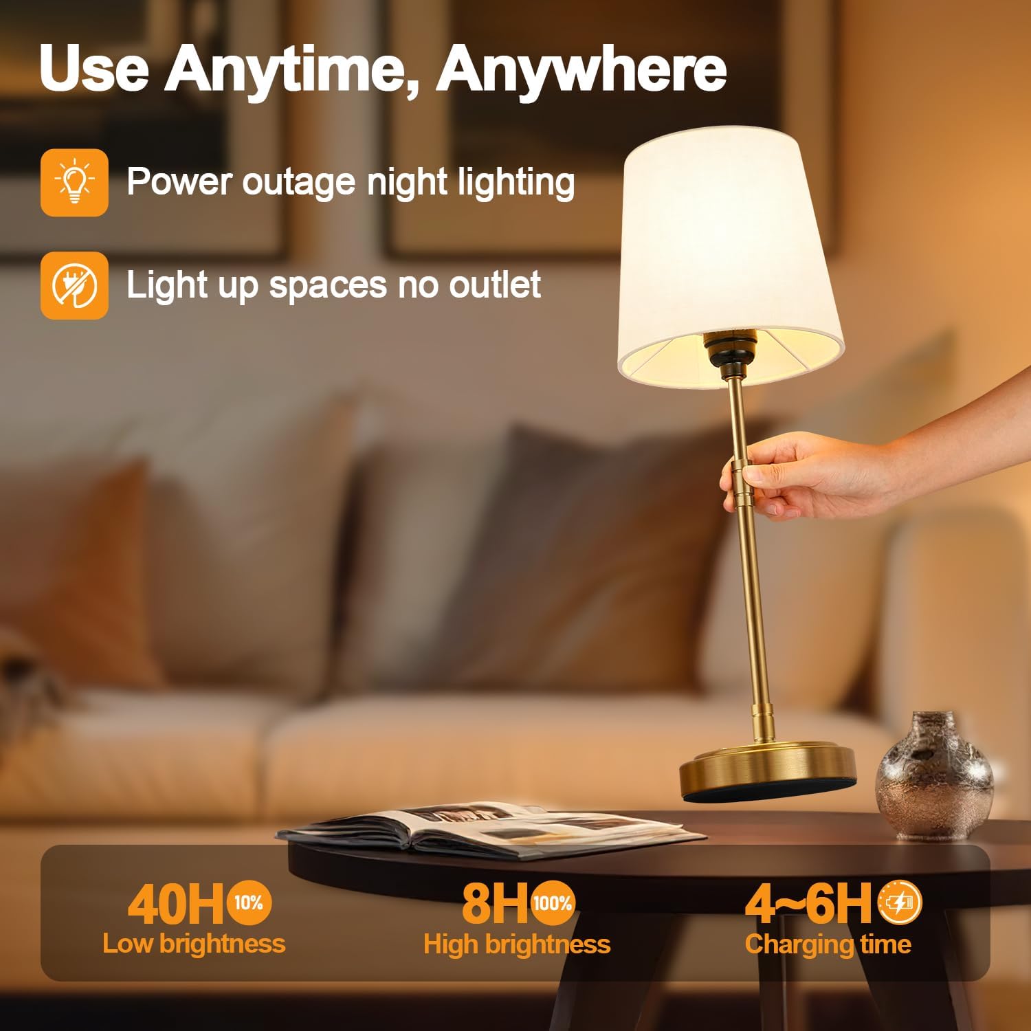 Cordless Table Lamps Set of 2 – Battery Operated Lamp with 7500mAh Rechargeable Battery, Stepless Dimmable Vintage Brushed Gold Desk…