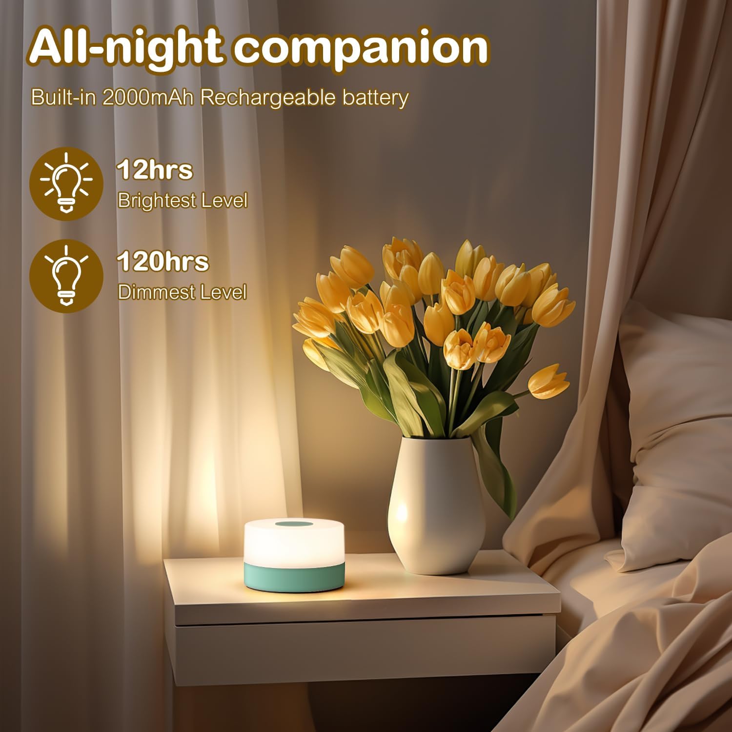 JUSHENG Rechargeable Baby Night Light LED Nursery Lamp Touch Lights, Dimmable and 3 Color Temperature Adjustable Bedside Night Light for…