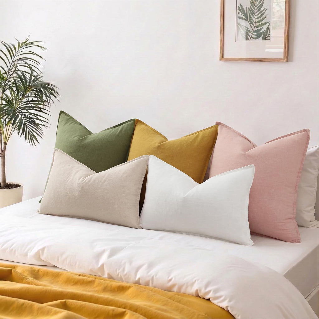 decorUhome Summer Decorative Linen Throw Pillow Covers 12x20 Inch Set of 2 Natural Beige Lumbar Pillow Covers with Flange Edges Soft Farmho…