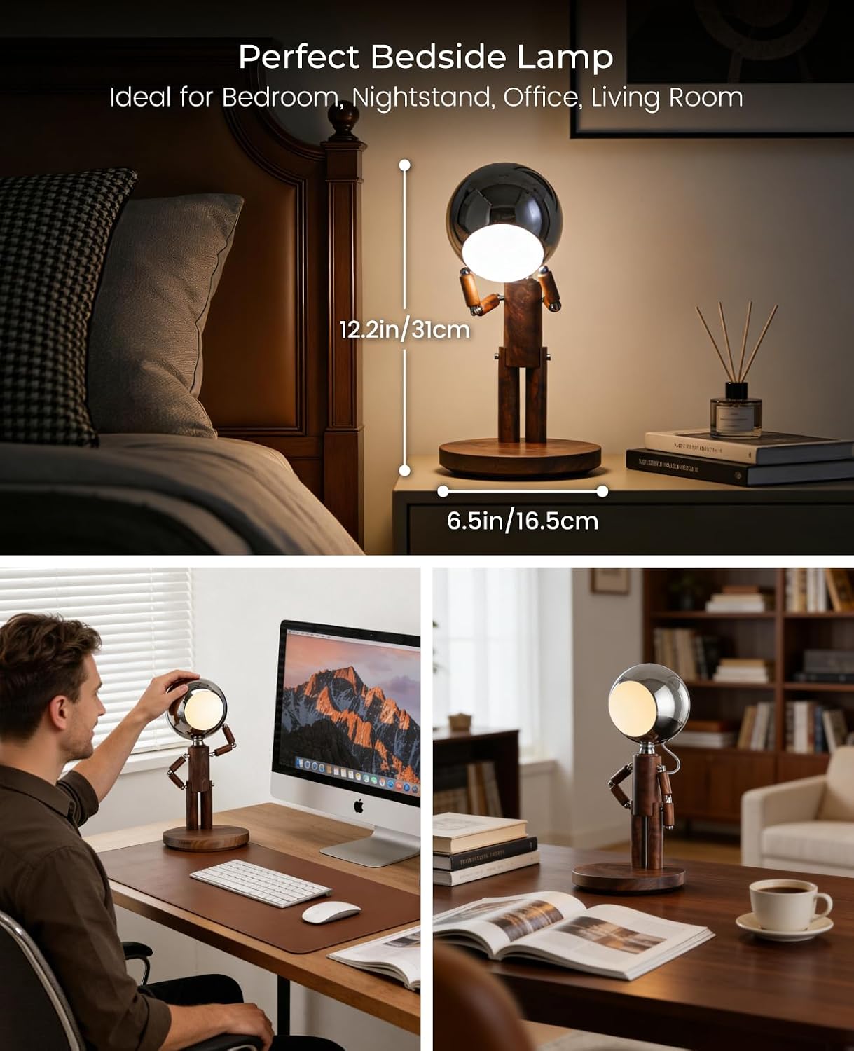 Cordless Table Lamp, Rechargeable Wooden Desk Lamp with Touch Control & Stepless Dimming, 3 Color Temperatures, Bedside Lamp for Bedroom…