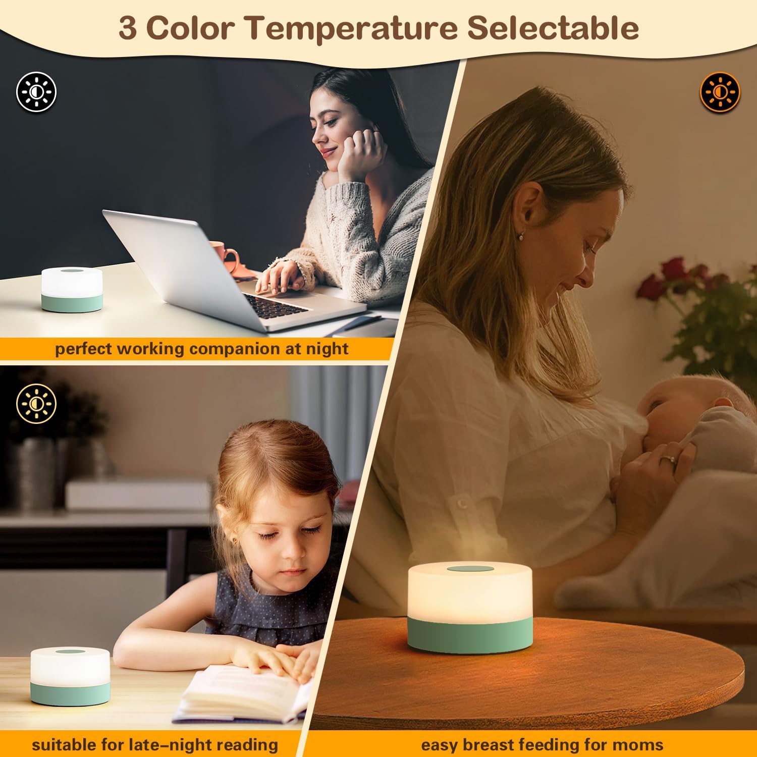 JUSHENG Rechargeable Baby Night Light LED Nursery Lamp Touch Lights, Dimmable and 3 Color Temperature Adjustable Bedside Night Light for…