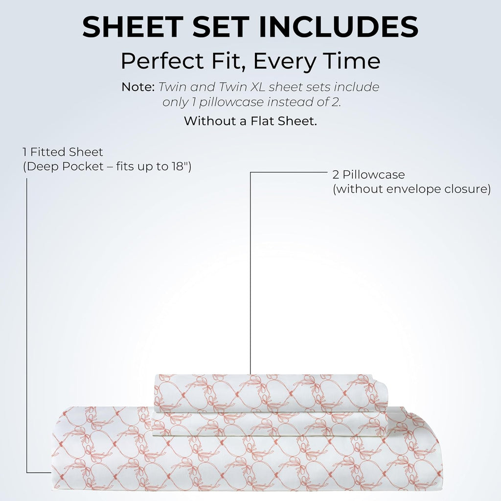 King Size Fitted Sheet with 18" Deep Pockets, No Flat - Percale Weave Natural - Breathable 100% Cotton Printed Bedding, 1 Fitted Sheet +…