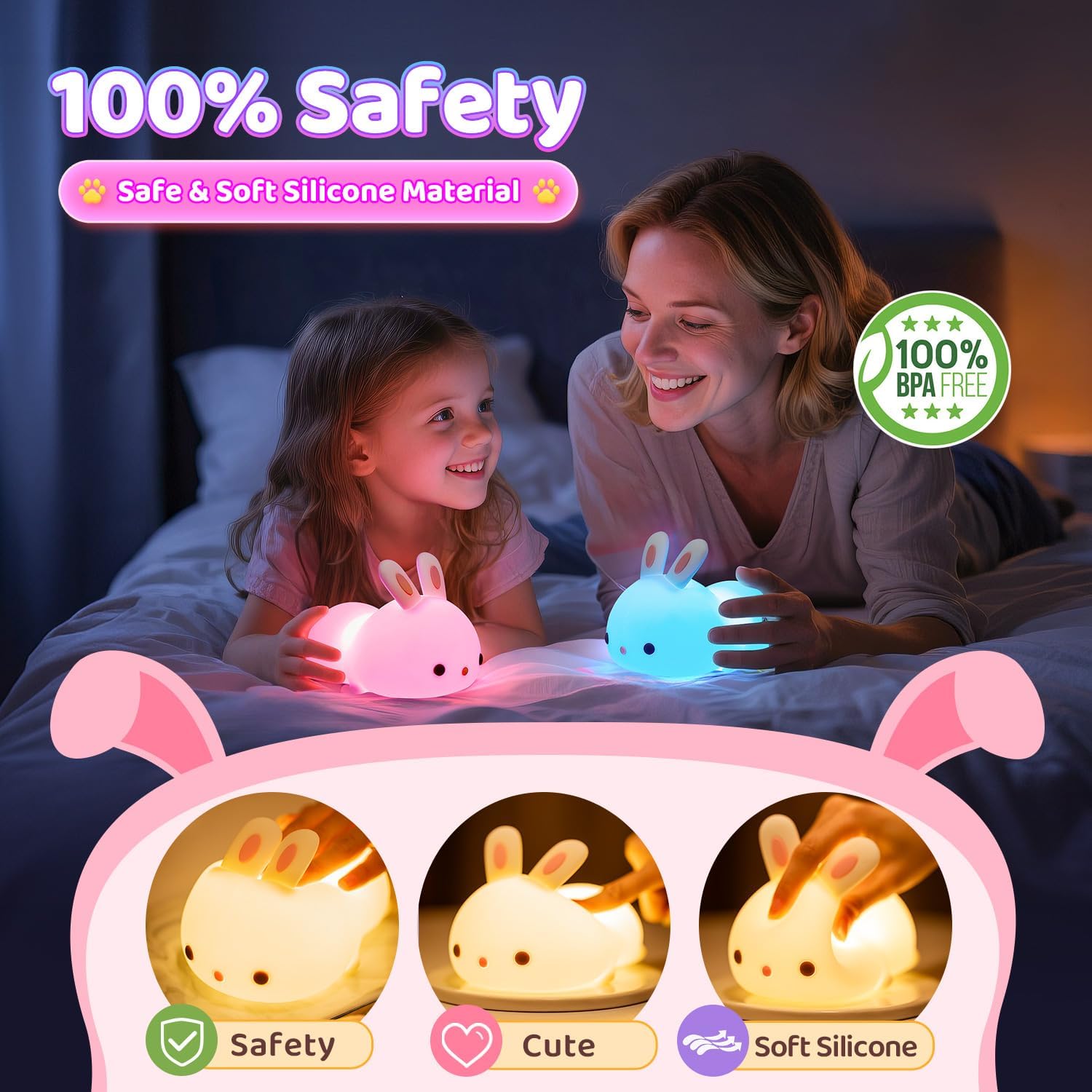 One Fire Night Light for Kids Bunny Toys, 16 Colors Squishy Bunny Lamp, Soft Silicone Bunnies Stuff,1200mah Dimmable Bunnies Cute Lamp…
