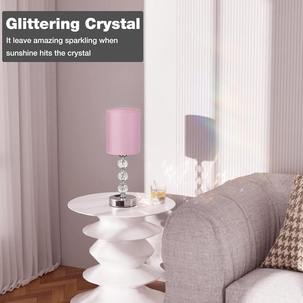 Pink Touch Bedside Lamps for Bedrooms - Crystal Table Lamp with USB C+A Charging Port and AC Outlet Nightstand, 3 Way Dimmable Silver…