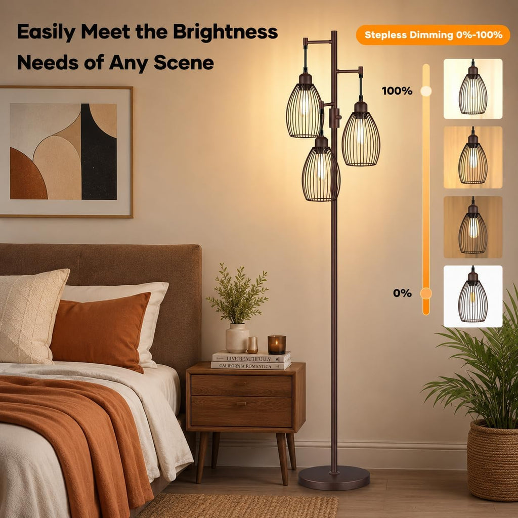 Nintiue Dimmable Floor Lamp,3x800LM LED Bulbs Included, Farmhouse Industrial Floor Lamp Standing Tree Lamp with Teardrop Cage Head Tall…