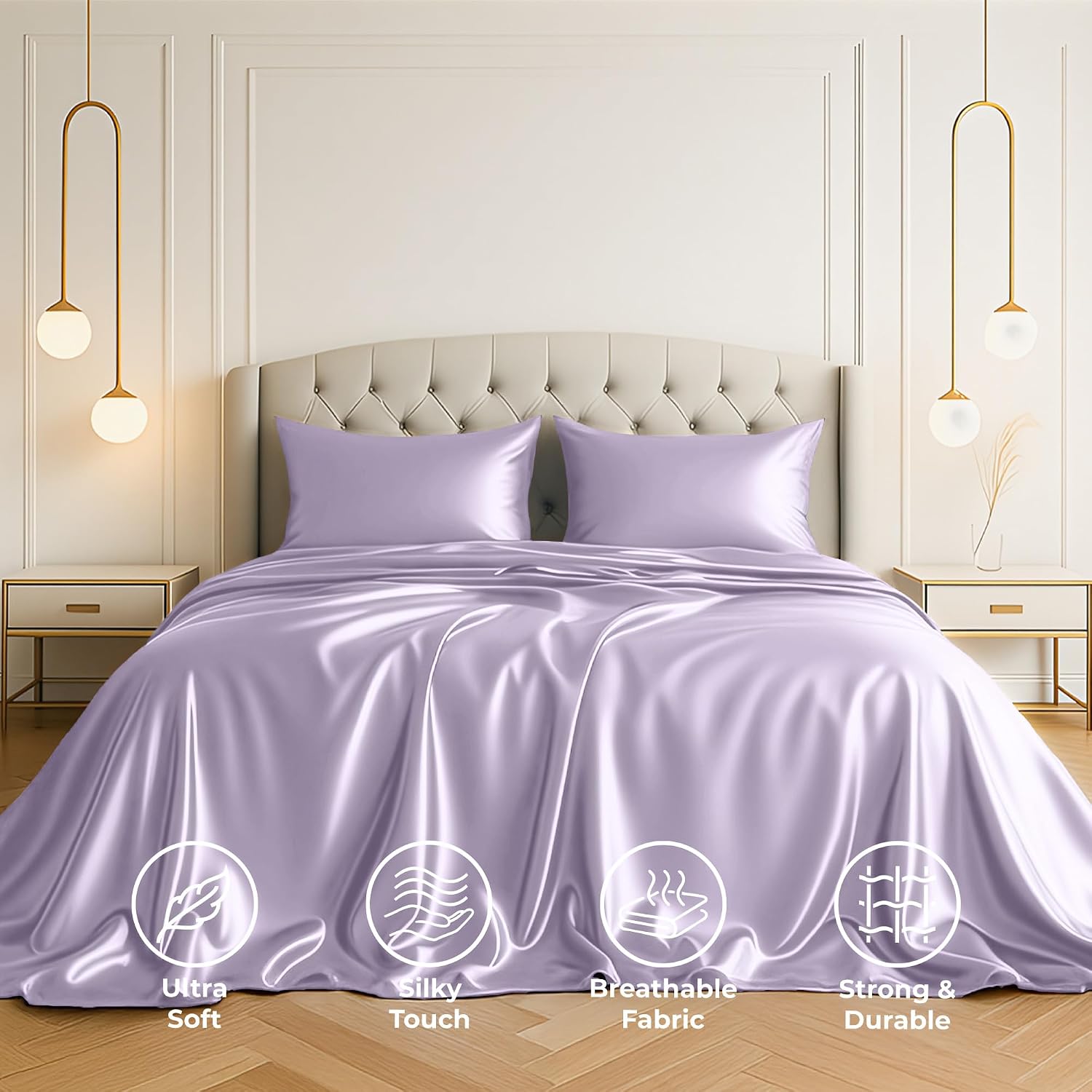 PureBedding Pure Bedding Satin Sheets California King [4-Piece, Lavender] Hotel Luxury Silky Bed Sheets - Extra Soft Microfiber Sheet Set,…