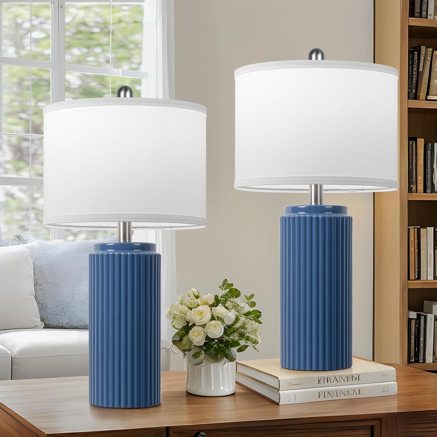 Tobusa 23.5’’ Blue Table Lamps for Bedroom Set of 2, Modern Farmhouse Ceramic Bedside Nightstand Lamps for Living Room, Decorative Boho Cer…