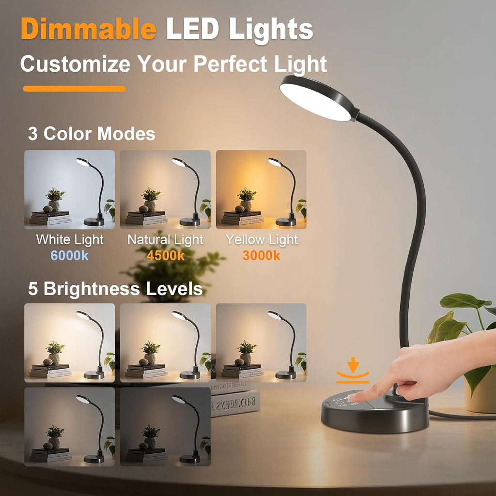 15W LED Desk Lamp with USB Charging Ports – Dimmable Table Lamp with 3 Color Temps, 5 Brightness, 4 Timers, Flexible Gooseneck Light with…
