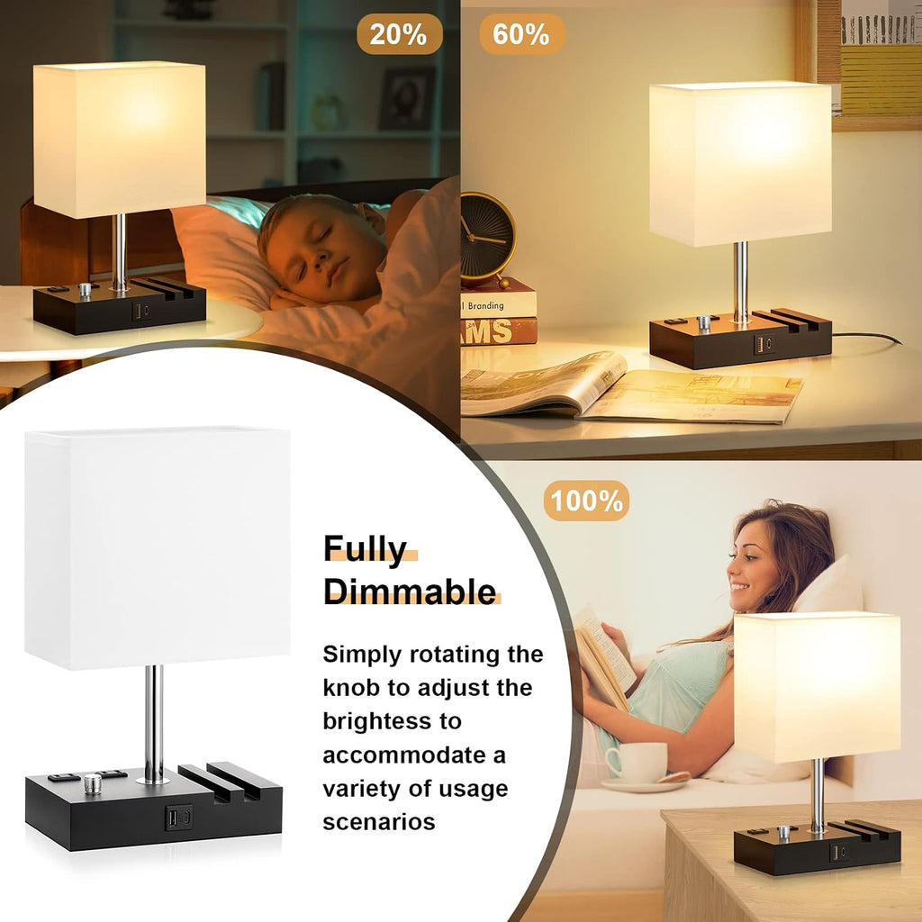 Fully Dimmable Bedside Lamps for Bedroom with USB C Ports, Kakanuo White USB Table Lamp Set of 2, Wooden Desk Lamp with 2 Charging…