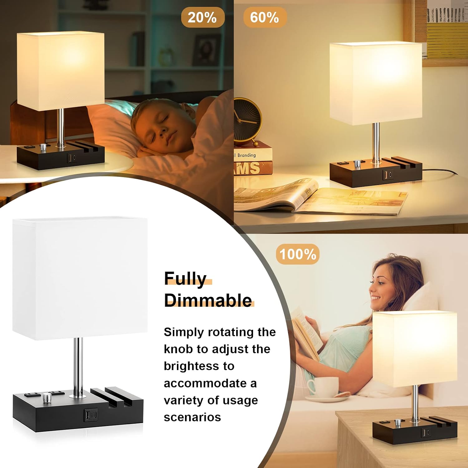 Fully Dimmable Bedside Lamps for Bedroom with USB C Ports, Kakanuo White USB Table Lamp Set of 2, Wooden Desk Lamp with 2 Charging…