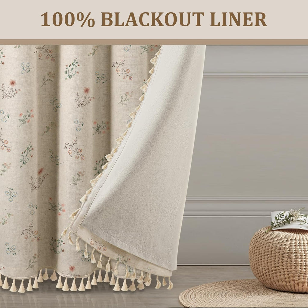 XOGUIBO Farmhouse Floral Curtains 96 Inches Long 100% Blackout Living Room Drapes, Linen Blend Bohemian Window Curtain Panels with T…