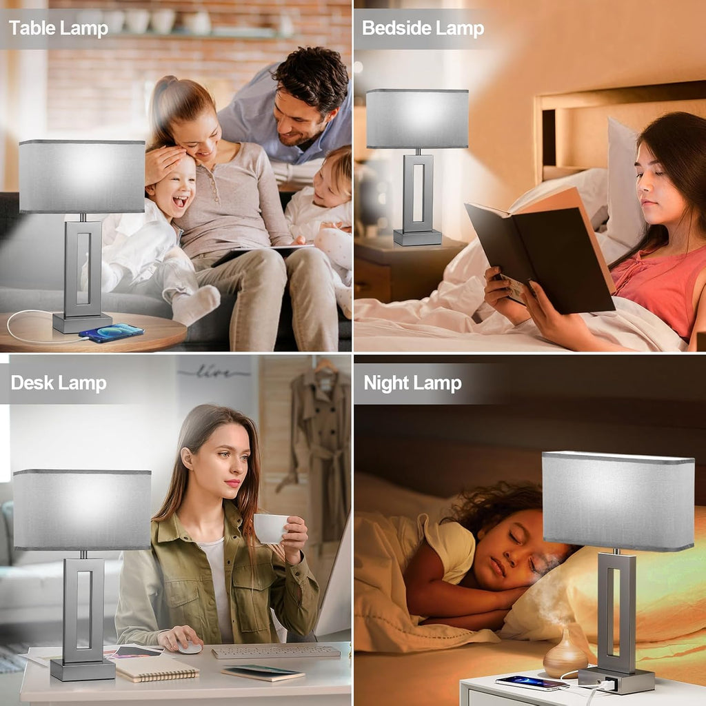 Seealle Bedroom Table Lamps Set of 2 - Grey Touch Bedside Lamps with USB C+A, 3 Way Dimmable Gold Lamp for Nightstand, Modern Night…